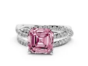 Fancy Pink Asscher Cut Diamond Solitaire Twist Band Ring Set in White gold with Pavé Setting and Prong Head