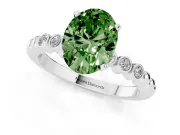 Fancy Green Oval Cut Diamond Solitaire Engagement Ring Set in White gold with Bezel Accents on Beaded Band