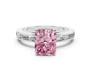Fancy Pink Radiant Cut Diamond Solitaire Ring Set in Silver with Channel-Set Baguette Band and Prong Setting