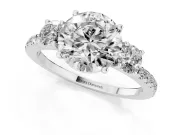 Round Cut Diamond Three-Stone Ring Set in White gold with Pavé Band and Graduated Sides