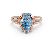 Fancy Blue Pear Cut Diamond Pavé Split Shank Solitaire Ring Set in Rose gold with Prong Setting