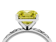 Fancy Yellow Asscher Cut Diamond Solitaire Ring Set in White gold with Milgrain and Black Enamel X Pattern Band