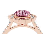 Fancy Pink Round Cut Diamond Milgrain Floral Halo Engagement Ring Set in Rose gold with Pavé Band