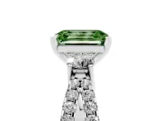 Fancy Green Emerald Cut Diamond Three-Stone Ring Set in Silver with Pavé Split Shank and Prong Setting