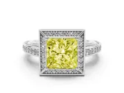 Fancy Yellow Princess Cut Diamond Halo Pavé Split Shank Ring Set in Platinum with Prong Setting
