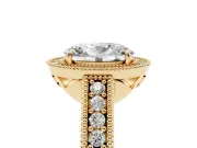 Oval Cut Diamond Halo Ring Set in Yellow gold with Round Accent Halo, Pavé Band and Prong Setting