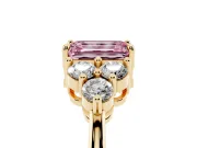 Fancy Pink Emerald Cut Diamond Solitaire Ring Set in Yellow gold with Cluster Accents on Each Side