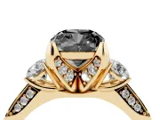 Cushion Cut Hidden Halo Three Stone Engagement Ring Setting for a Black Center | Yellow Gold