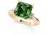 Fancy Green Three-Stone Asscher Cut Diamond Ring Set in Yellow gold with Prong Setting and Plain Band