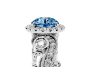 Fancy Blue Round Cut Diamond Halo Ring Set in Silver with Milgrain Pavé Band and Prong Setting