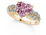 Fancy Pink Heart Cut Diamond Cluster Engagement Ring Set in Yellow gold with Pavé Band and Prong Setting