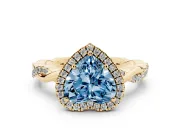 Fancy Blue Heart Cut Diamond Halo Twisted Band Ring Set in Yellow gold with Prong Setting