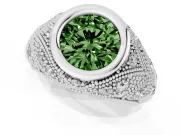 Fancy Green Round Cut Diamond Bezel Ring Set in Platinum with Milgrain Accent Band