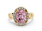 Fancy Pink Oval Cut Diamond Halo Ring Set in Yellow gold with Scrollwork Band and Prong Setting