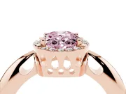 Fancy Pink Oval Cut Diamond Halo Engagement Ring Set in Rose gold with Plain Split Shank and Prong Setting