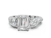 Emerald Cut Three Stone Engagement Ring Setting | Tapered Pave Band | White Gold