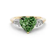 Fancy Green Three-Stone Heart Cut Diamond Ring Set in Yellow gold with Pear Side Stones and Prong Setting