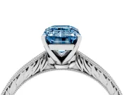 Fancy Blue Emerald Cut Diamond Solitaire Milgrain Engraved Band Set in Silver with Prong Setting
