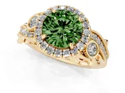 Fancy Green Round Cut Diamond Halo Ring Set in Yellow gold with Milgrain Pavé Band and Prong Setting