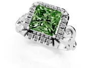Fancy Green Princess Cut Diamond Halo Ring Set in Silver with Scrollwork Band and Prong Setting