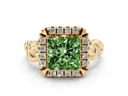 Fancy Green Princess Cut Diamond Halo Ring Set in Yellow gold with Scrollwork Band and Prong Setting