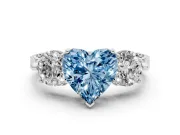 Fancy Blue Heart Cut Diamond Three-Stone Ring Set in White gold with Milgrain Band