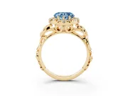 Fancy Blue Heart Cut Diamond Halo Ring Set in Yellow gold with Scrollwork Band and Prong Setting