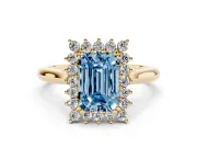 Fancy Blue Emerald Cut Diamond Halo Ring Set in Yellow gold with Plain Solitaire Band and Prong Setting