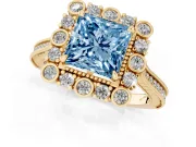 Princess Cut Scalloped Halo Engagement Ring Setting for a Fancy Blue Lab-Grown Diamond | Milgrain Edges | Yellow Gold