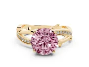 Fancy Pink Round Cut Diamond Pavé Twist Band Solitaire Ring Set in Yellow gold with Prong Setting
