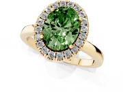 Fancy Green Oval Cut Diamond Halo Solitaire Ring Set in Yellow gold with Pavé Band and Prong Setting
