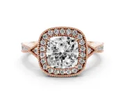 Cushion Cut Diamond Halo Engagement Ring Set in Rose gold with Milgrain Pavé Band