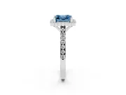 Fancy Blue Asscher Cut Diamond Milgrain Floral Halo Engagement Ring Set in White gold with Pavé Band