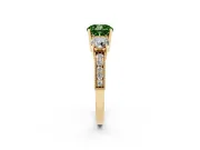 Fancy Green Cushion Cut Diamond Three-Stone Ring Set in Yellow gold with Round Side Stones and Pavé Band
