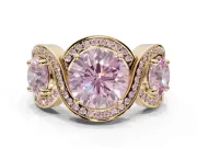Round Three Stone Halo Engagement Ring Setting for a Fancy Pink Lab-Grown Diamond | Pavé Wave Band | Yellow Gold