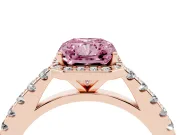 Fancy Pink Radiant Cut Diamond Halo Engagement Ring Set in Rose gold with Pavé Band and Prong Setting