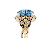 Round Halo Engagement Ring Setting for a Fancy Blue Lab-Grown Diamond | Leaf Shoulders | Yellow Gold