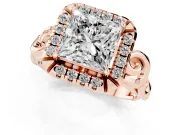 Princess Cut Diamond Halo Ring Set in Rose gold with Scrollwork Band and Prong Setting