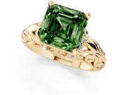 Fancy Green Asscher Cut Diamond Filigree Halo Engagement Ring Set in Yellow gold with Prong Setting