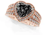 Fancy Black Heart Cut Diamond Halo Ring Set in Rose gold with Accent Split Shank and Prong Setting