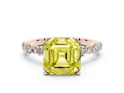 Fancy Yellow Asscher Cut Diamond Prong Set Engagement Ring Set in Rose gold with Round Accent Pavé Band
