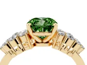 Fancy Green Cushion Cut Diamond Cluster Engagement Ring Set in Yellow gold with Pavé Band and Prong Setting