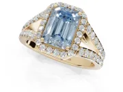 Emerald Cut Halo Pavé Engagement Ring Setting for a Fancy Blue Lab-Grown Diamond | Narrow Split Shank | Yellow Gold