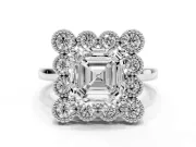 Asscher Cut Milgrain Cluster Halo Engagement Ring Setting | Plain Band | Sterling Silver