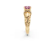 Fancy Pink Cushion Cut Diamond Filigree Halo Engagement Ring Set in Yellow gold with Prong Setting