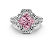 Fancy Pink Princess Cut Diamond Halo Engagement Ring Set in Silver with Split Shank and Prong Setting