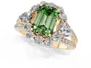 Fancy Green Emerald Cut Diamond Halo Split Shank Engagement Ring Set in Yellow gold with Prong-Held Center Stone