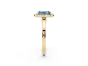 Fancy Blue Emerald Cut Halo Round Diamond Solitaire Ring Set in Yellow gold with Pavé Band and Prong Setting