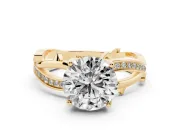 Round Cut Diamond Pavé Twist Band Solitaire Ring Set in Yellow gold with Prong Setting