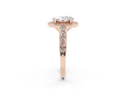 Oval Cut Diamond Milgrain Halo Solitaire Ring Set in Rose gold with Bezel Set Side Stones and Pavé Band